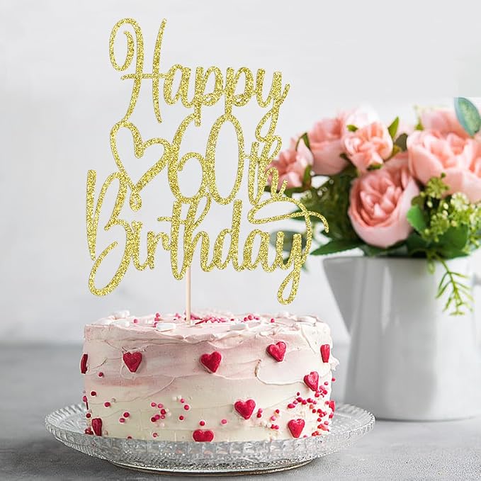 Gold Glitter Happy 60th Birthday Cake Topper - Cheers to 60 Years Cake Topper, 60 & Fabulous Cake Decoration for Hello 60th Birthday Anniversary Party Cake Decorations Supplies