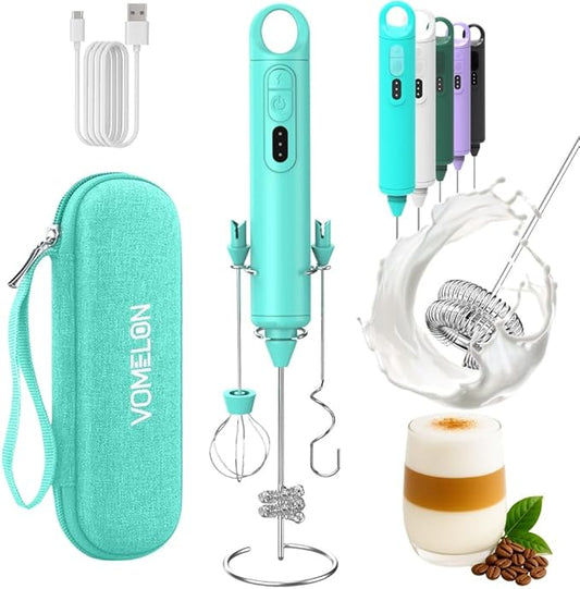 Rechargeable Milk Frother Handheld 3 Speed Coffee Foamer [3 Whisk] Electric Drink Mixer for Latte, Cappuccino, Coffee, Eggs, Hot Chocolate, Mint