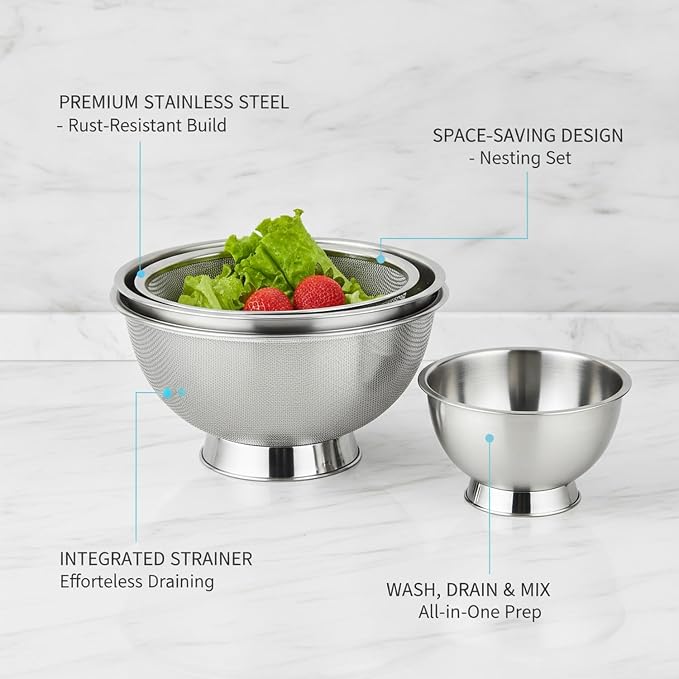 Stainless Steel Mixing Bowl Set with Nested Strainer, 2-in-1 Prep Basin for Washing, Draining, and Mixing