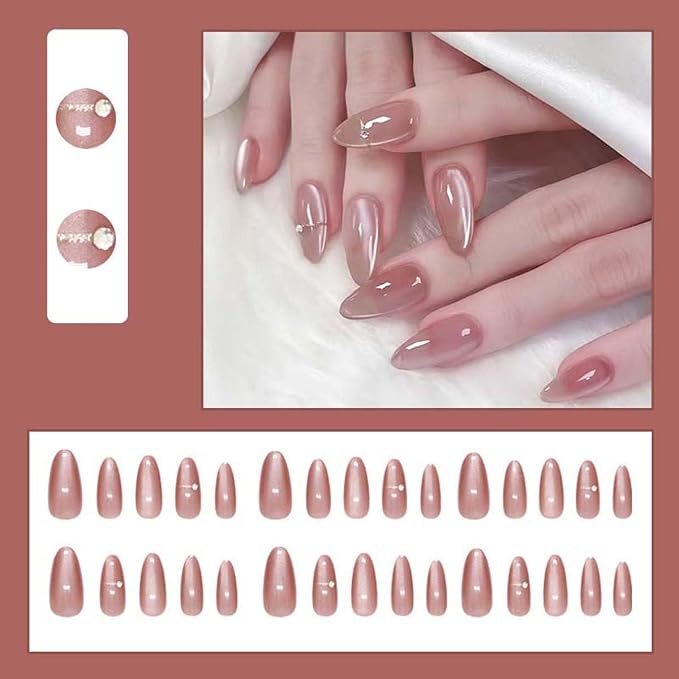 30Pcs French Press on Nails Short Almond ZWENJIE Cat Eye Fake Nails Press ons Nail Tips Stick on Nails Glossy Acrylic Nails Kit False Nails with Light Blue Design Nail Art for Women Glitter Manicure