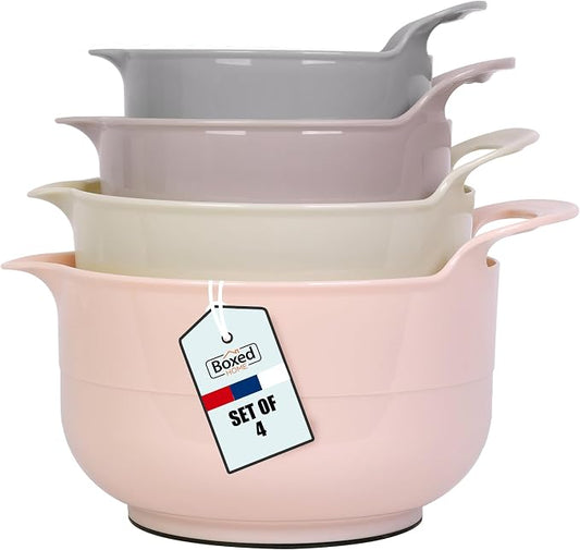 BoxedHome Nesting Plastic Mixing Bowl Set with Pour Spouts and Handles - Non Slip Bottom, BPA free Microwave & Dishwasher Safe(Khaki Pink, 4 Pack)