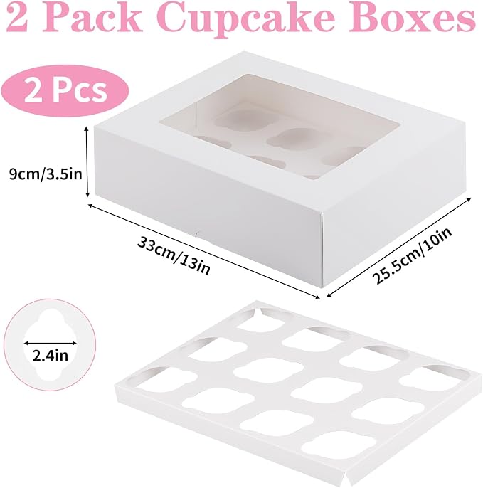 Cupcake Box, Disposable Cupcake Container Bulk, Auto-pop up, 2 Pcs, White | Cupcake Holder Holding 12 Count Cupcakes, Cupcake Carrier with Window, Easy To Assemble, Transport and Store Cupcake, Sturdy