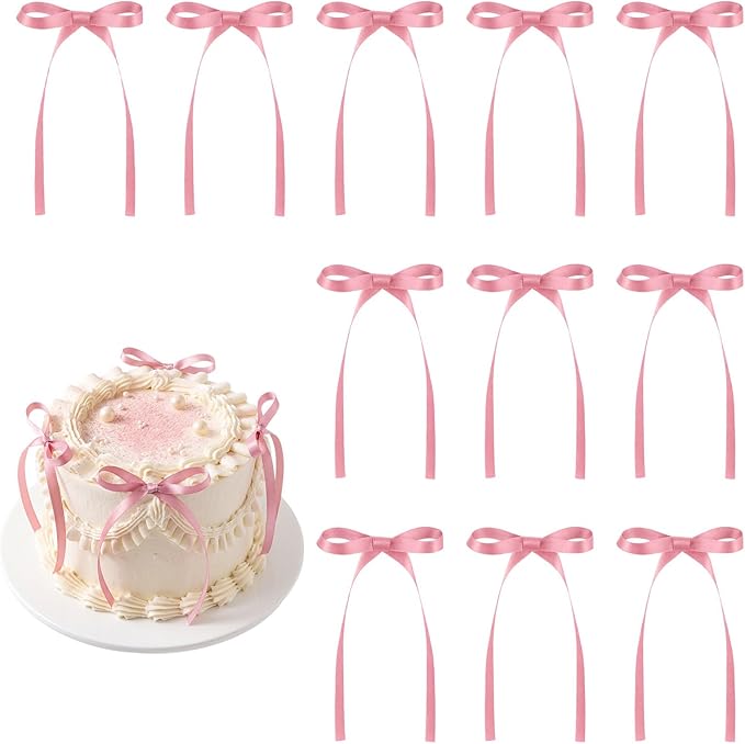 30 Pack Bow Cake Toppers Rose Pink Ribbon Bows for Cake Bow Cupcake Toppers Pink Bow Birthday Decorations for Baby Shower, Wedding, Engagement, Bachelorette Party, Graduation Decoration
