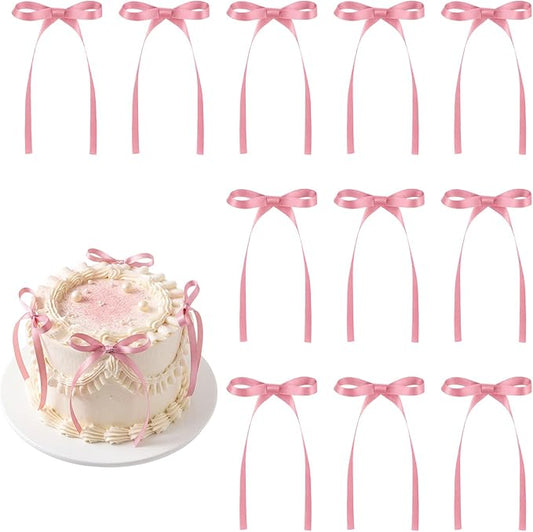30 Pack Bow Cake Toppers Rose Pink Ribbon Bows for Cake Bow Cupcake Toppers Pink Bow Birthday Decorations for Baby Shower, Wedding, Engagement, Bachelorette Party, Graduation Decoration