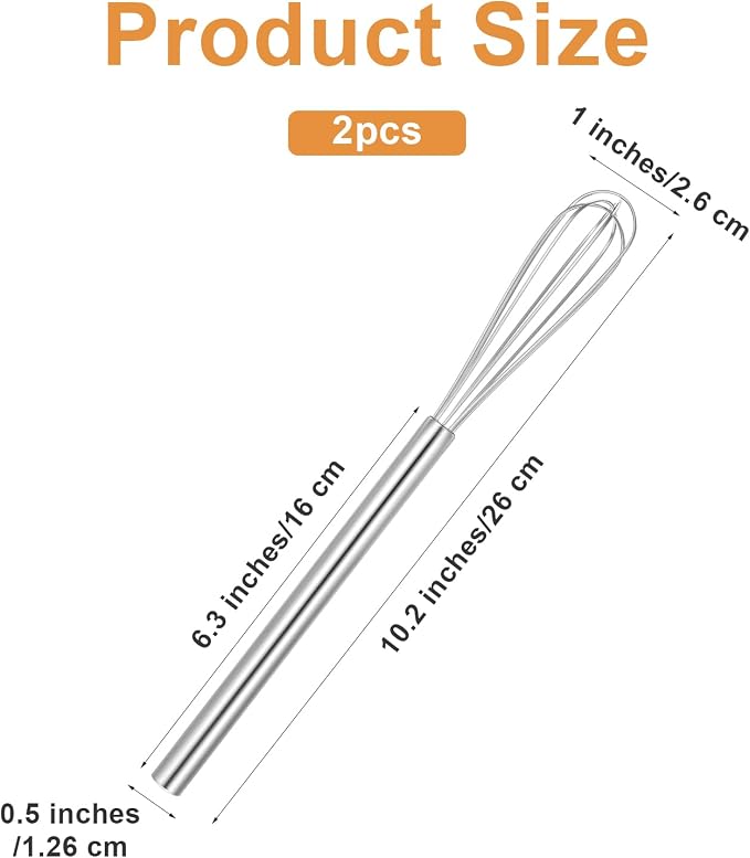 Ptwola 2 Pack Mini Whisk Small Whisks for Cooking Stainless Steel Wire Whisk 10.2 Inches Kitchen Hand Whisk for Eggs Coffee Mixing Sauces Cheese Bread Beating Home Tool