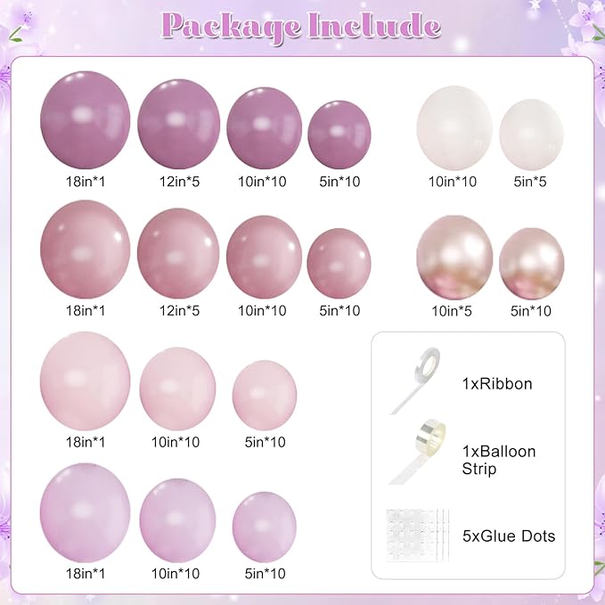 Dusty Purple Balloon Arch Kit 124Pcs Pink and Purple Balloon Garland Arch Kit Lavender Lilac Light Purple Dusty Pink Gold Pink Sand White for Baby Shower Bridal Shower Wedding Birthday Decorations
