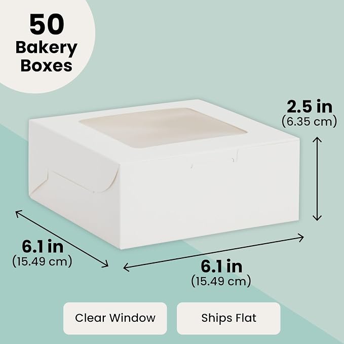 Juvale Bakery Boxes with Window - 6 x 6 x 2.5 in, White, 50 Count - Bulk Pastry & Dessert Boxes To Go & Treat Containers for Cupcakes, Cookies & Pastries