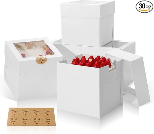COTOPHER 30Pcs 8x8x8 Inches Cake Boxes, Square Bakery Boxes with Window, Cajas Pasteles for Valentine's Day, Mother's Day,Wedding, Birthday, Party Cake Decorating Supplies for Gift Giving