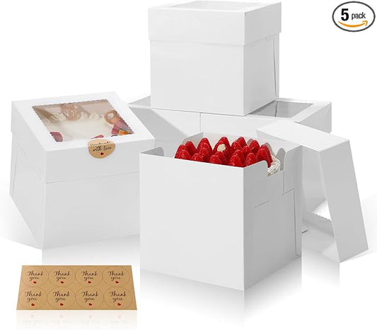 COTOPHER 5Pcs 8x8x8 Inches Cake Boxes, Square Bakery Boxes with Window, Cajas Pasteles for Valentine's Day, Mother's Day,Wedding, Birthday, Party Cake Decorating Supplies for Gift Giving