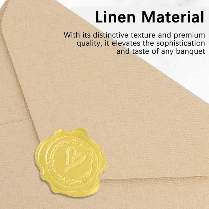 50 Pack 4x6 Khaki Linen Envelopes with Gold Wax Seals - Handmade Look A6 Vintage Envelopes & Self-Adhesive Seal Stickers for Greeting Cards, love letter, Wedding, Party Invitation