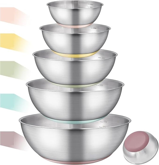 GIUOIDUO Stainless Steel Mixing Bowls Set,5 PCS Metal Mixing Bowls for Baking, Cooking, and Salad Making,Kitchen Meal Preparation,Non-Slip Silicone Bottom