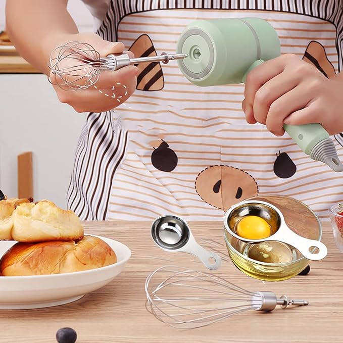 Hand Mixer, Portable Electric Cordless Handheld Mixer, 3-speed Usb Rechargeable with Twin Mixer Whips and Egg Separator for Butter, Cream,Kitchen Baking and Cooking (Green)