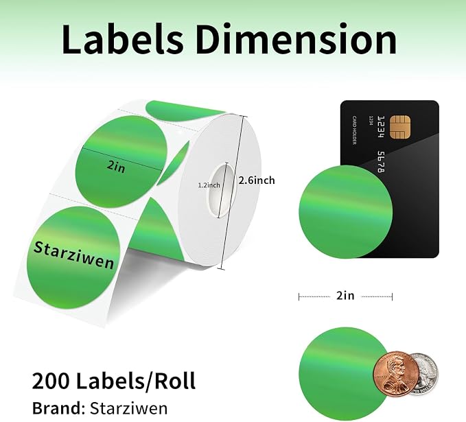 2 Inch Round Holographic Thermal Labels, Waterproof Direct Thermal Stickers, Self-Adhesive Circle Label for Small Business DIY Logo QR Code, Green (200 Pcs/Roll)