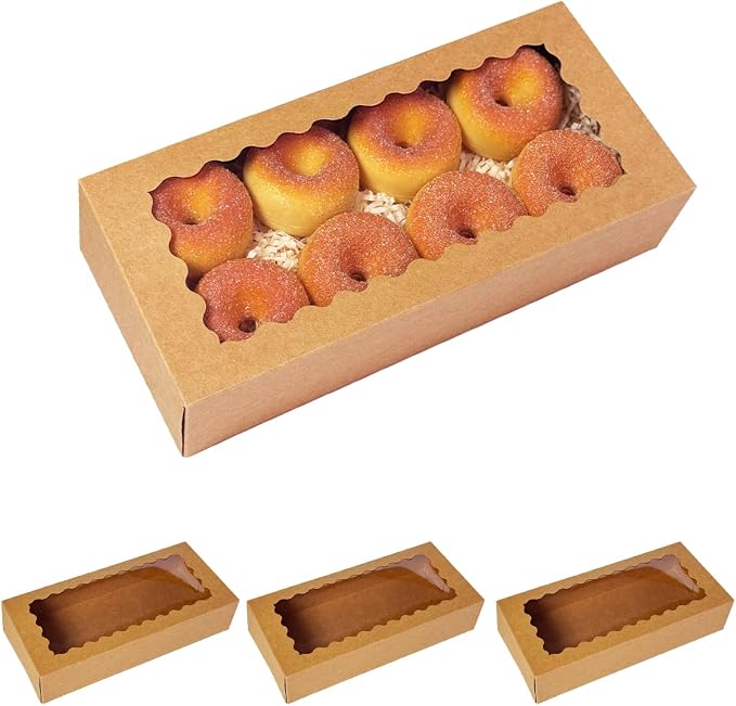 qiqee Auto-pop up 12x5.5x2.5 Inch Brown Cookie Box with Window 30Pcs Pastry Macaron Bakery Box For Packaging