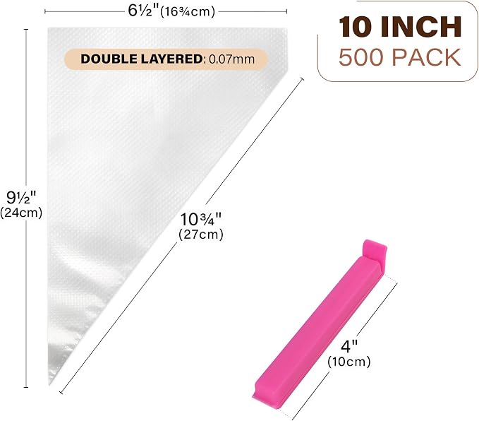 LotFancy 500Pcs Piping Bags 10 Inch, Thick Tipless Piping Bags, Non-Slip Disposable Pastry Bag for Royal Icing, Cookies, Cake Decorating