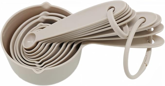 Cute Plastic Measuring Set of 10, 5 Cups & 5 Spoons for Baking & Cooking, Khaki