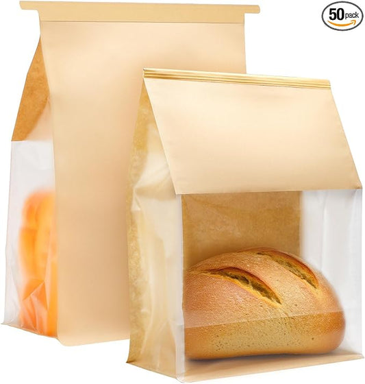 50PCS Bread Bags for Homemade Bread 13.7×9.8×4.9inch Paper Breads Bag with Clear Window Tin Tie Tab Lock Large Kraft Sourdough Breads Bag Paper Bakery Bags for Cookies