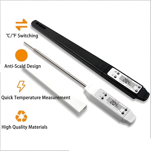 Meat Thermometer, Digital Food Thermometer Instant Read with 120mm Long Probe, Automatic Calibration, Kitchen Cooking Thermometer for BBQ, Grill, Deep Fry, Water Temperature (White)