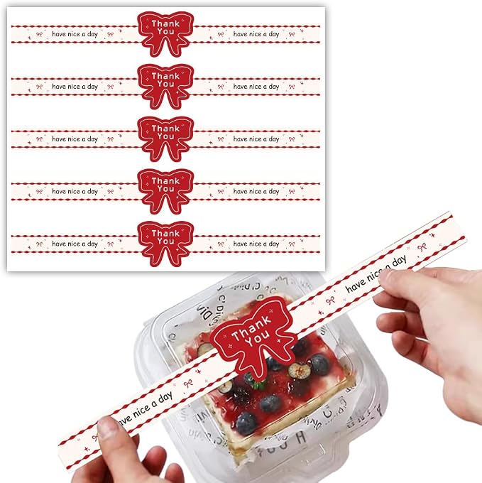 7.9” x 0.6” Long Thank You Stickers 150 Pcs Cute Large Red Bow Have A Nice Day Self-Adhesive Sealing Baking Labels Handmade Food Tamper-Proof Bakery Sticker for Baked Goods Small Busines Packaging