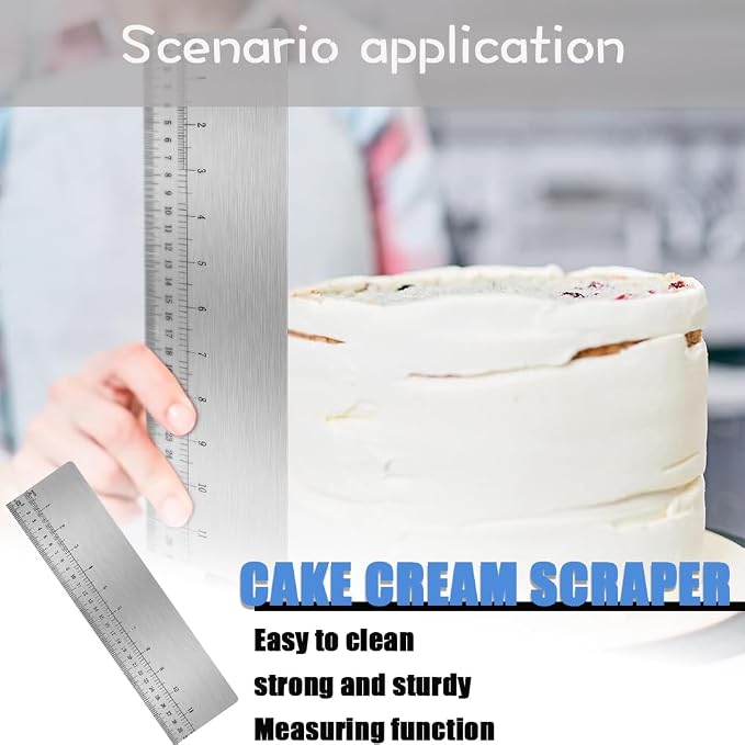 Stainless Steel Cake Scraper with Scale,LUHUUIZEYU Cake Stripe Edge Smoother Scraper, Baking Scraper Tool for Measuring Cake,Buttercream Decorating Comb for Kitchen(12Inch)