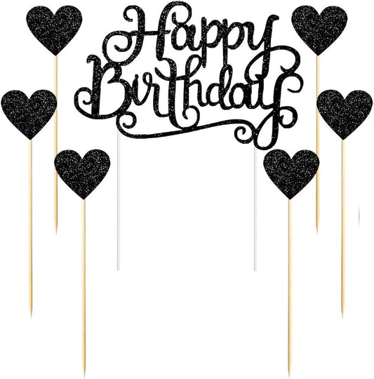 PALASASA Happy Birthday Cake Toppers Gold glitter letters"happy birthday"and love star,Party decor Decorations,Set of 7 (Black)
