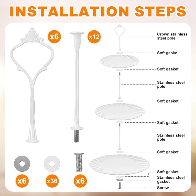 Patelai 6 Sets 3 Tier Cake Stand Hardware Tiered Tray Plate Hardware Kit Heavy Metal Cake Fruit Food Plate Stand Fitting Stacking Kit for Serving Dessert Cupcake Dish Food (Simple, White)