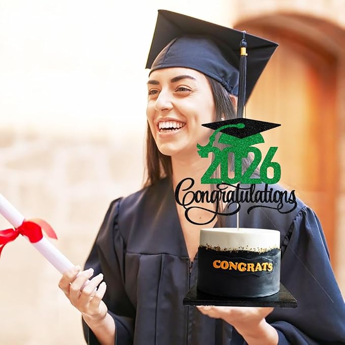 Black green gold Glitter 2026 Congratulations Graduation Cake Topper,Congrats Grad Cake Decor - 2026 High School/College/Senior Graduation Party Decorations Supplies