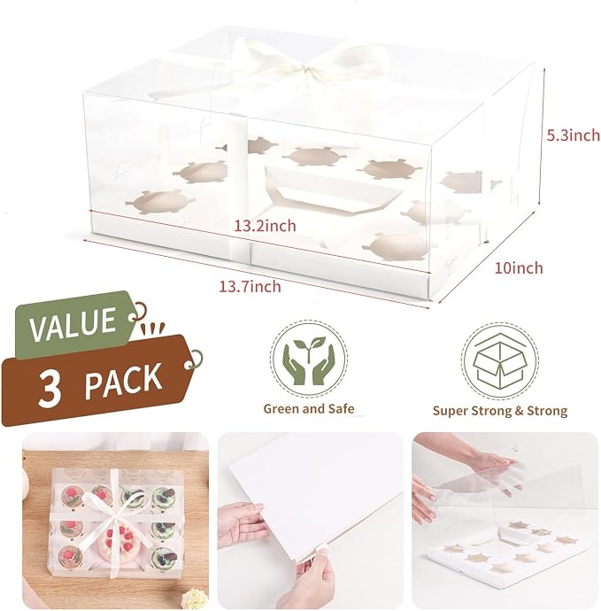 3Pcs Bento Cake Box and Cupcake 1+8 Combination Clear Window Bento Boxes, 6 Holes Bento Vake Box Suitable for 8 Regular Cupcakes and Mini Cakes