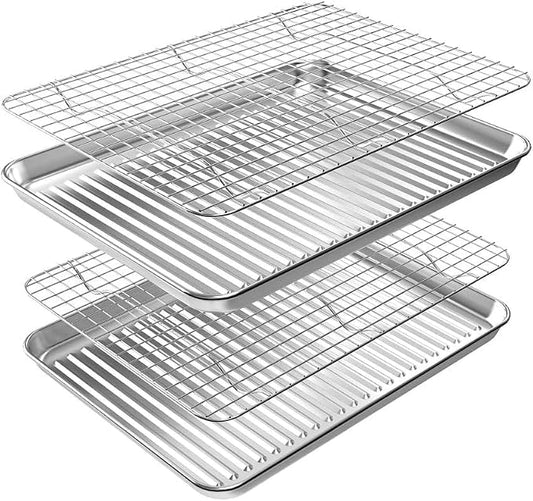 ROTTAY Baking Sheet with Rack Set (2 Pans + 2 Racks), Stainless Steel Cookie Sheet with Cooling Rack, Nonstick Baking Pan, Warp Resistant & Heavy Duty & Rust Free, Size 16 x 12 x 1 Inches