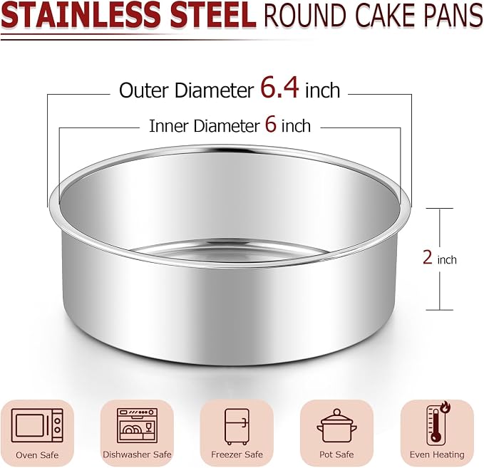 LIANYU Round Cake Pans Set of 2, 6 Inch Round Layer Cake Tins for Baking, Stainless Steel Round Baking Pan, Bakeware for Oven & Dishwasher, Non Toxic & Heavy Duty