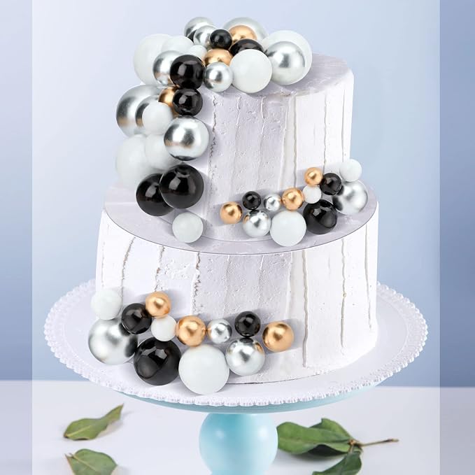 108 Pcs Balls Cake Topper DIY Cupcake Insert Foam Balloons for Cake Baking Wedding Anniversary Birthday Decoration(Black, Silver, White, Gold,Multi Sizes)