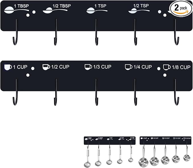 Premium Measuring Cups and Spoons Hanging Rack, Measuring Cup Organizer Rack Suitable for Kitchen Hanging Cups and Spoons, Including Screw and Adhesive Mounting, Cups and Spoons Rack 2pcs