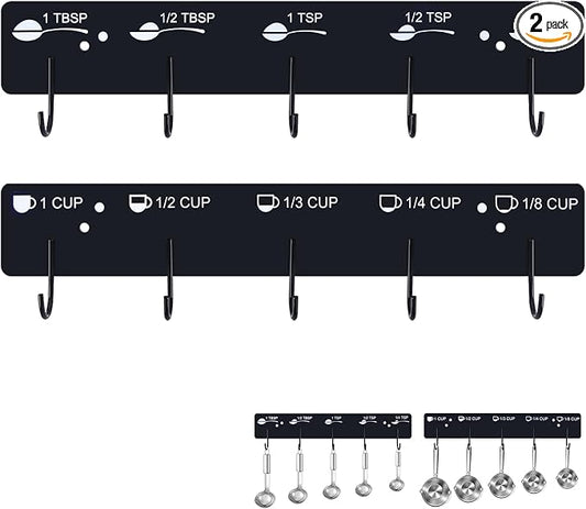 Premium Measuring Cups and Spoons Hanging Rack, Measuring Cup Organizer Rack Suitable for Kitchen Hanging Cups and Spoons, Including Screw and Adhesive Mounting, Cups and Spoons Rack 2pcs