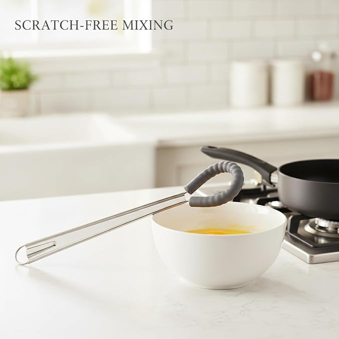 For Non-Stick Saucepans and Deep Bowls: 13-Inch Silicone Coated Whisk with Stainless Steel Core for Eggs, Batters, and Gravies