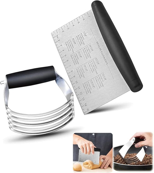 2er Pack Stainless Steel Pastry Blender Cutter and Bench Scraper Set, Efficient Multipurpose Kitchen Baking Tool with Ergonomic Grip Handle for Nut, Pie and Dough Processing (Cutter & Scraper)
