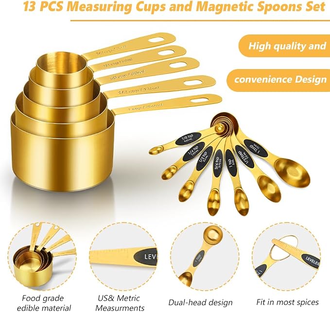 Gold Measuring Cups and Spoons, Set of 13, Including 8 Dual Sided Magnetic Measuring Spoons set with Leveler, 5 Measuring Cups, Stainless Steel Kitchen Gadgets for Liquid & Dry Ingredients