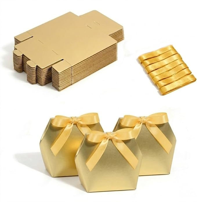 Rowcay Small Gift Boxes with Ribbons, 10 Pack Gold Foldable Empty Gift Boxes for Wedding Party Favors, Cookies, Candy, Jewelry, Small Presents, Gift Packaging and Favor Displays