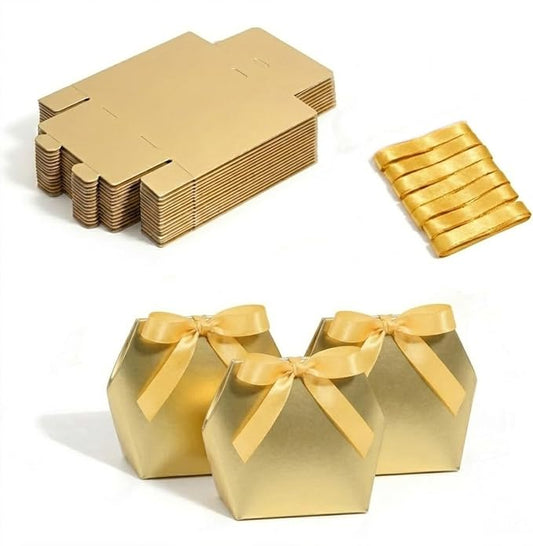 Rowcay Small Gift Boxes with Ribbons, 10 Pack Gold Foldable Empty Gift Boxes for Wedding Party Favors, Cookies, Candy, Jewelry, Small Presents, Gift Packaging and Favor Displays