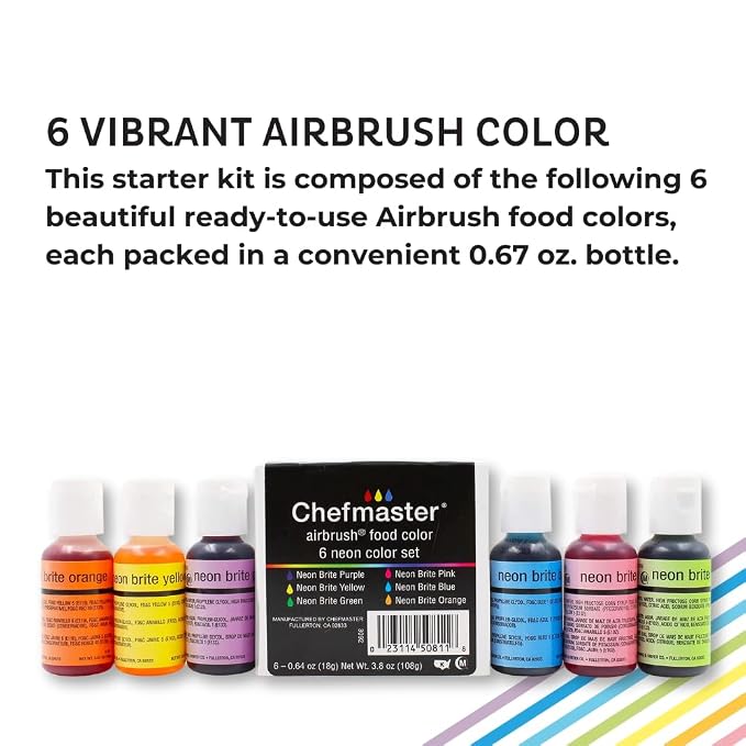 Chefmaster - Neon Airbrush Kit - Airbrush Food Coloring - 6 Pack - Highly-Pigmented, Vibrant Colors, Works With Any Airbrush Tool, Fade-Resistant Colors - Made in the USA