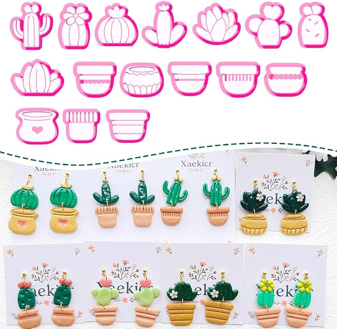 Cactus and Succulent Polymer Clay Cutters Set - 16pcs Cute Cactus Plant & Flower Pot Shapes for DIY Earring Jewelry Making, Soft Clay Crafts, Scrapbooking & Miniature Gardening Decor