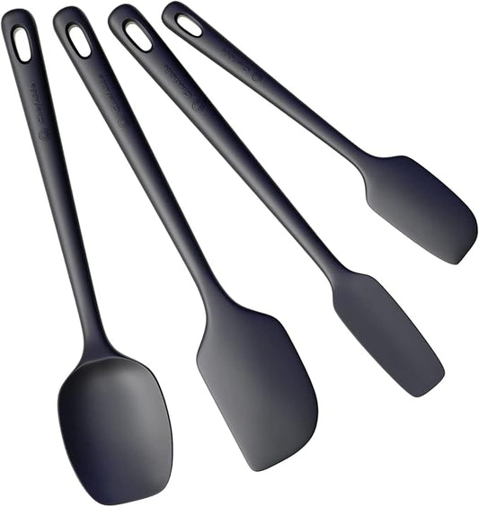 ChefAide 4 Pieces Silicone Spatula Set, Food Grade Rubber Spatula, Upgrade Strong Handle with Ergonomic Grip, Heat Resistant Up to 600°F for Nonstick Cookware, Cooking Baking Mixing, Black (SP4)