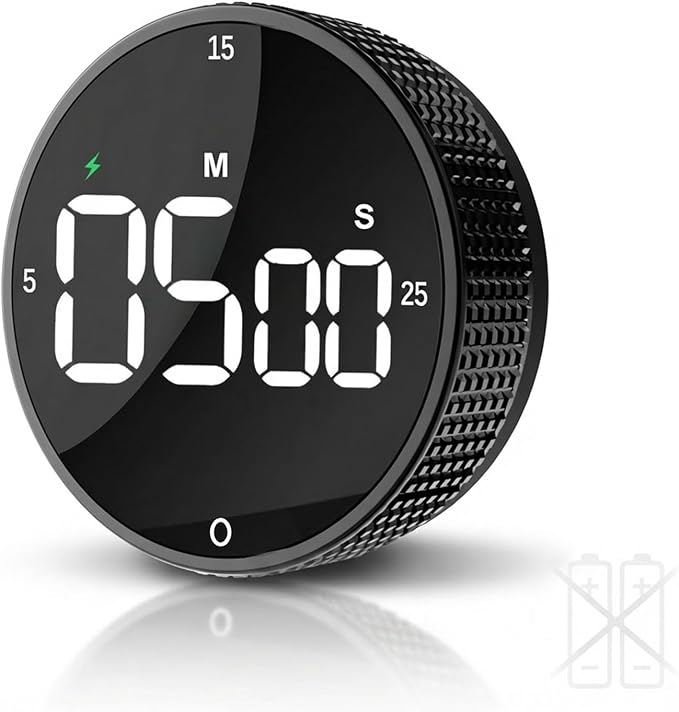 Rechargeable Magnetic Kitchen Timer, LED Countdown/Count-Up Timer, Supports USB-C Charging, with Loud Alarm, 3 Preset Quick Times (5/15/25m), Perfect for Kitchen Cooking, Studying, and Fitness