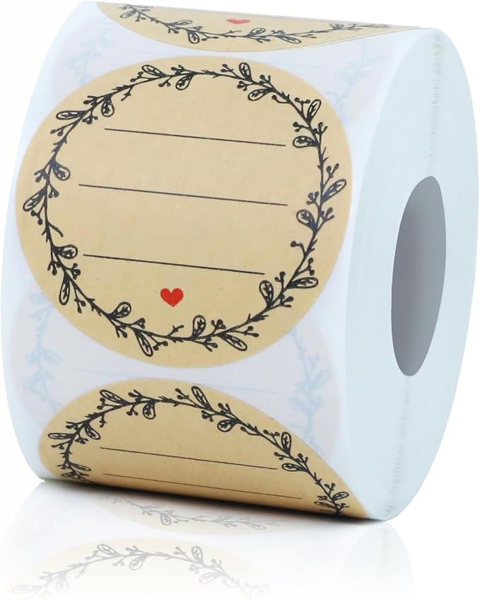500pcs Label Stickers for Jars and Lids, Floral Heart & Lace Design with 3 Lines for Writing, Kraft Sticker Labels Pantry Labels, Mason Jar Labels Canning Labels Gift Tags(2" Round)