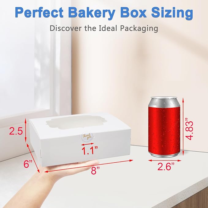 6 Pcs Bakery Boxes 8-In with Windows, Cookie Boxes White for Chocolate Covered Strawberries, Treats, Donuts, Cupcakes, and Candy Gift Giving 8x6x2.5 Inch