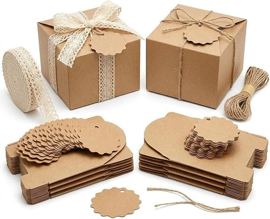 MLXUANLA 62 Pack Small Gift Boxes - Cookie Boxes For Gift Giving, Ivory Lace Ribbon, Jute Twine, Kraft Tags - Brown Kraft Paper