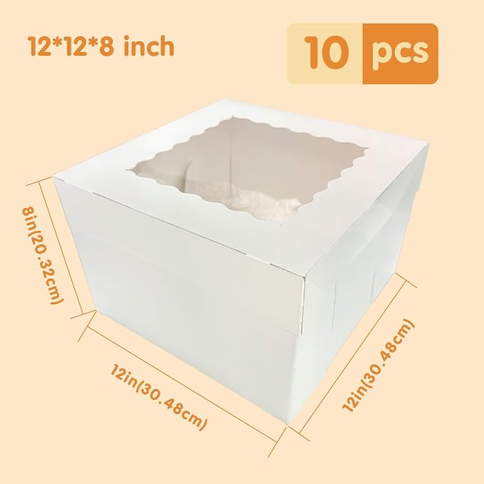 10 Pcs Cake Boxes,12x12x8 Inches White Bakery Boxe with Window,Tall Dessert Boxe,Cookie Boxe for Multi-Layer Cakes,Cake Containers for Birthday,Party,Valentine’s Day by GBF