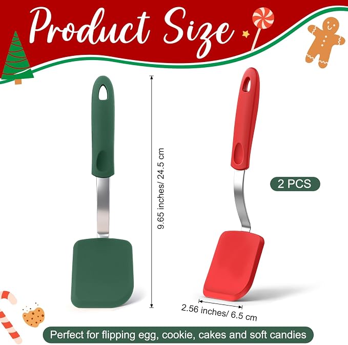 Silicone Cookie Spatula Turner 2 Pack Mini Brownie Spatula Flexible Kitchen Small Silicone Turner for Nonstick Cookware Heat Resistant No Scratch Flipper for Pancake(Solid Flat,Red, Green)