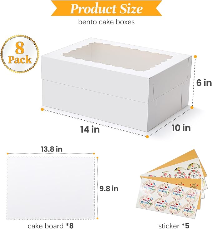 COTOPHER 14x10x6 In Sheet Cake Boxes, 16 Pcs White Bakery Boxes with Large Window (8 Boxes & 8 Boards), Cake Containers for Quarter Cakes, Donuts, Cupcakes, Brownie, Pastry & Pies Packaging