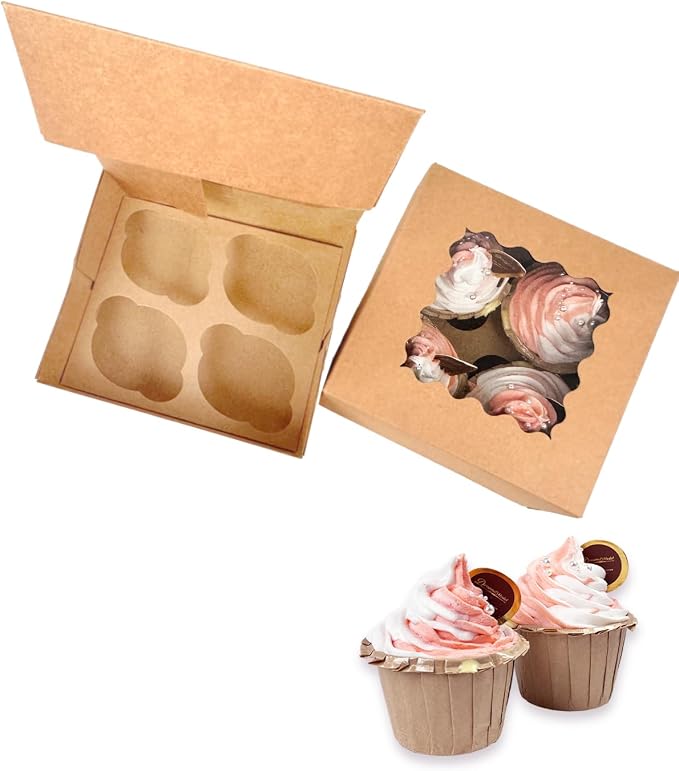 Bakepacker Auto-pop up 4 Cupcake Boxes with Window 20 Count Brown Box 6.3 x 6.3 x 3inch Cupcake Carrier
