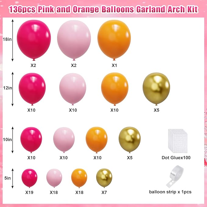 YMSZ Pink and Orange Balloon Garland Arch Kit, Hot Pink and Orange Summer Balloons for Baby Shower, Jungle, Birthday, Summer Party Decorations